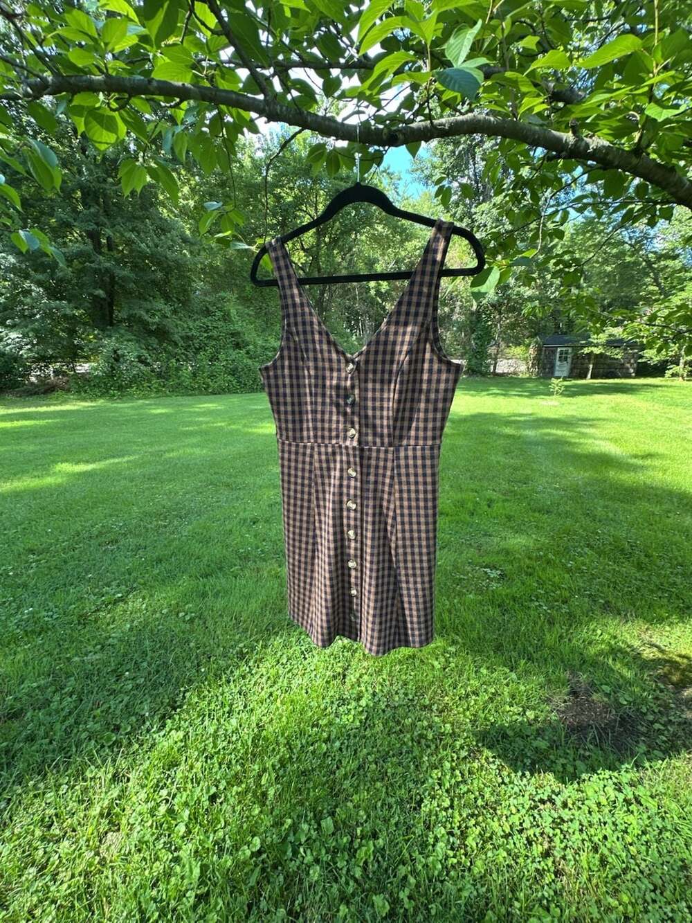 American Eagle Outfitters Womens Dress Brown and Navy Gingham Button-Front Mini - Picture 2 of 14